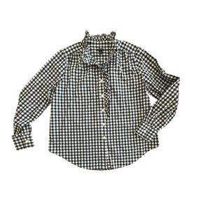 Ann Taylor Gingham Ruffle Collar Blouse M Black White Button Up Office Work Top